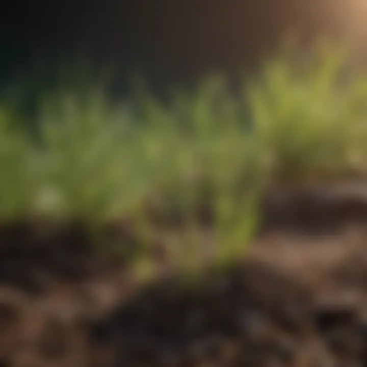 Close-up of grass seed germination in soil