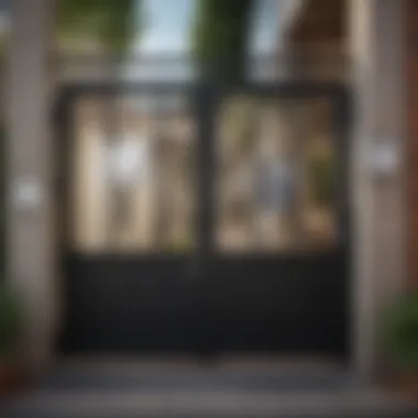 Close-up of 'Gate Opens Outwards' signage on a commercial property entrance