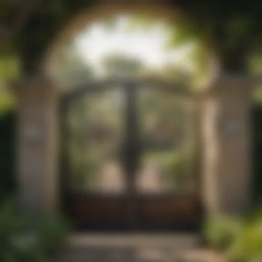 Sign indicating a gate that opens outward against a backdrop of a well-designed garden