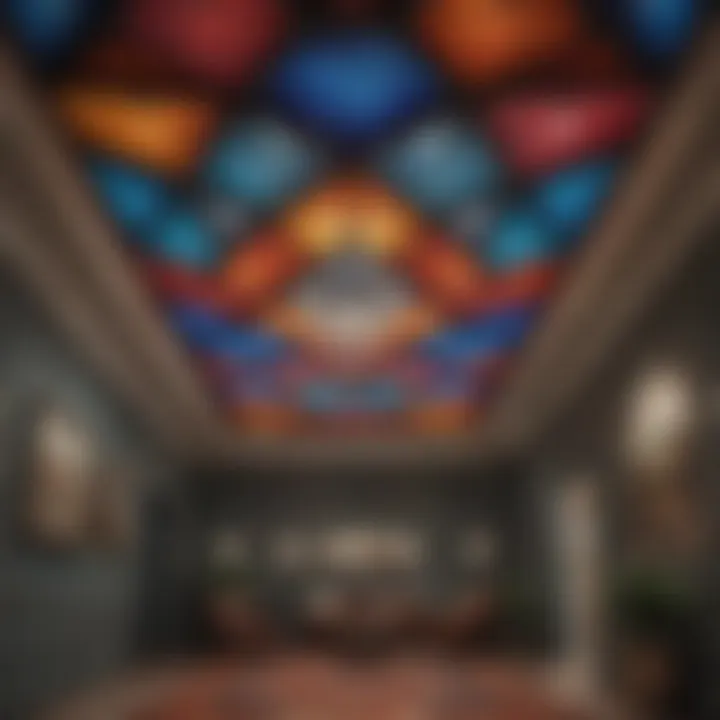 An artistic ceiling installation featuring geometric shapes and vibrant colors
