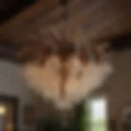 A dramatic chandelier made from reclaimed wood and artisanal glass