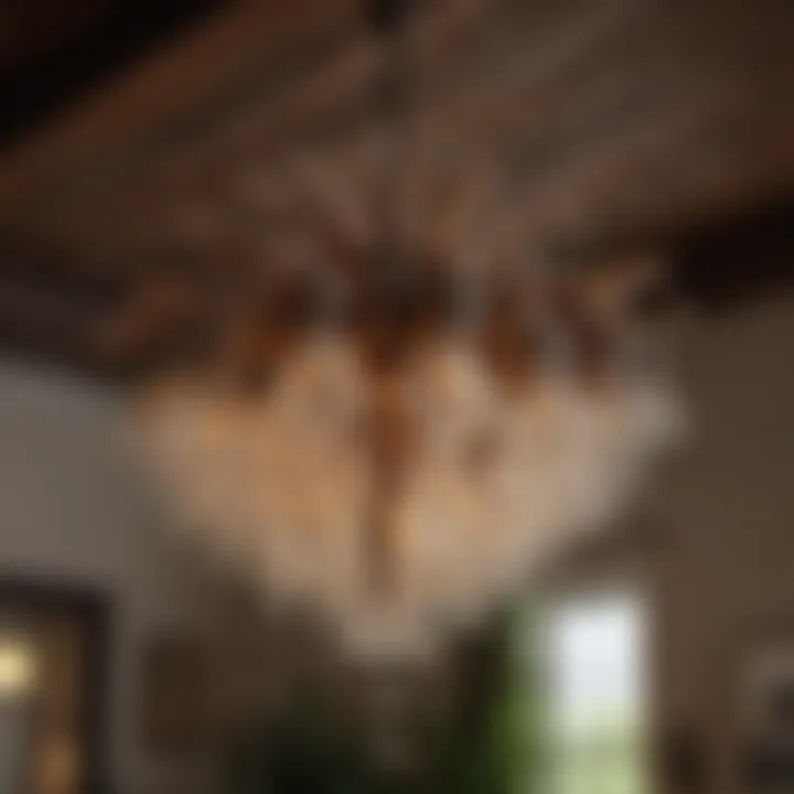 A dramatic chandelier made from reclaimed wood and artisanal glass