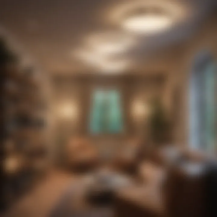 An eclectic mix of ceiling lights in a cozy reading nook
