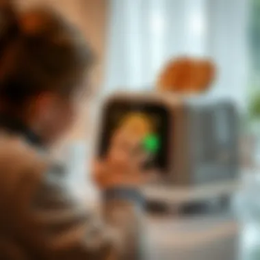 User interacting with the screen of a futuristic toaster