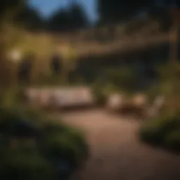 Tranquil garden illuminated by string lights at dusk