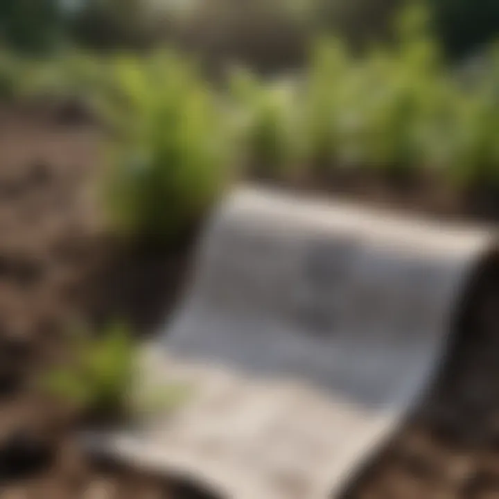 Close-up of newspaper covering soil with plants growing