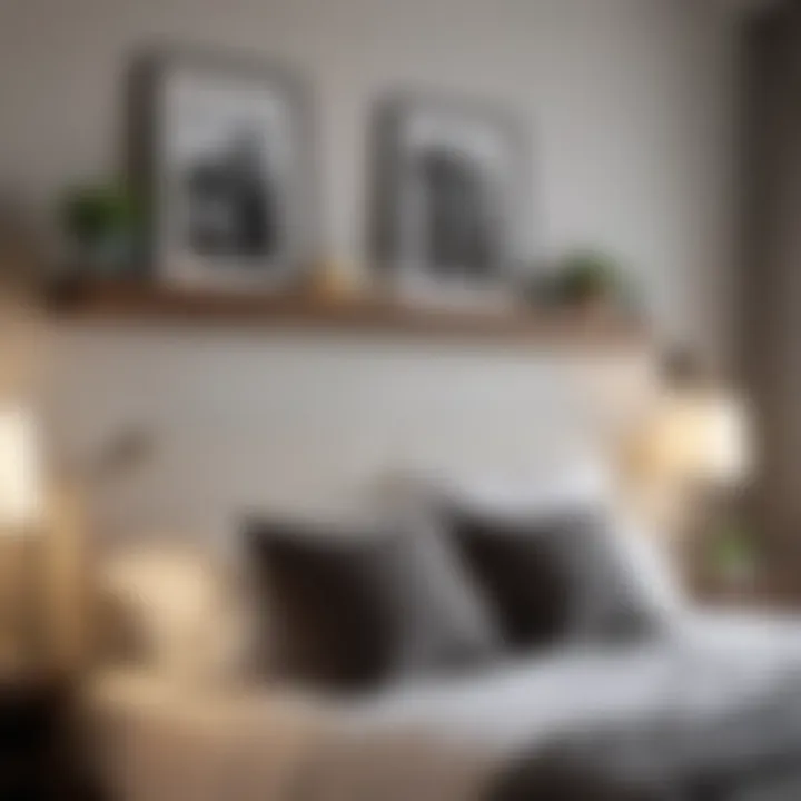 Personalized decor on an over the headboard shelf