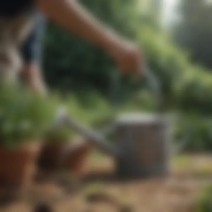 A gardener using a watering can for herbs