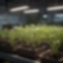 A variety of seedlings thriving under grow lights