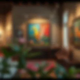 A vibrant art piece displayed in a traditional gallery setting