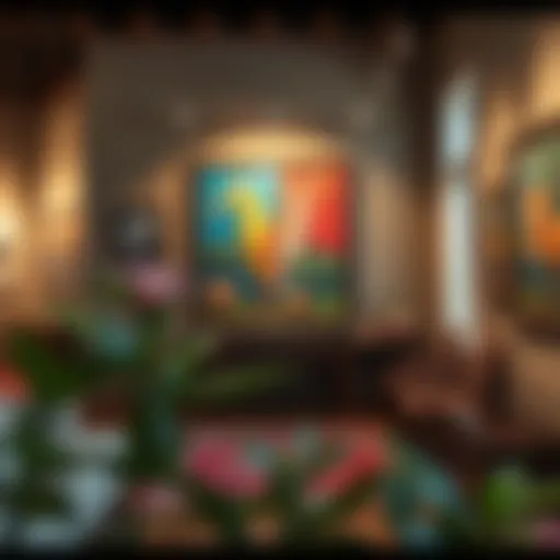 A vibrant art piece displayed in a traditional gallery setting