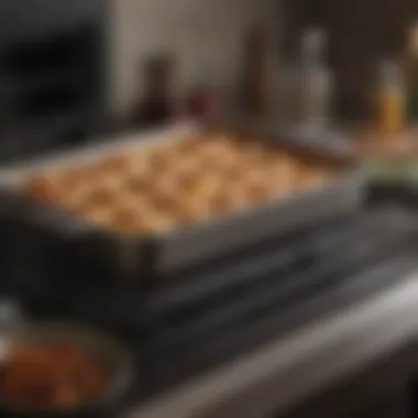 A beautifully arranged baked dish in the Wolf countertop oven baking pan, highlighting its functionality.